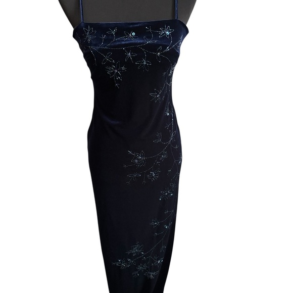Y2K Velvet Maxi Slip Dress Spaghetti Strap  Beaded Floral Formal Navy Blue 7/8 - Picture 1 of 11